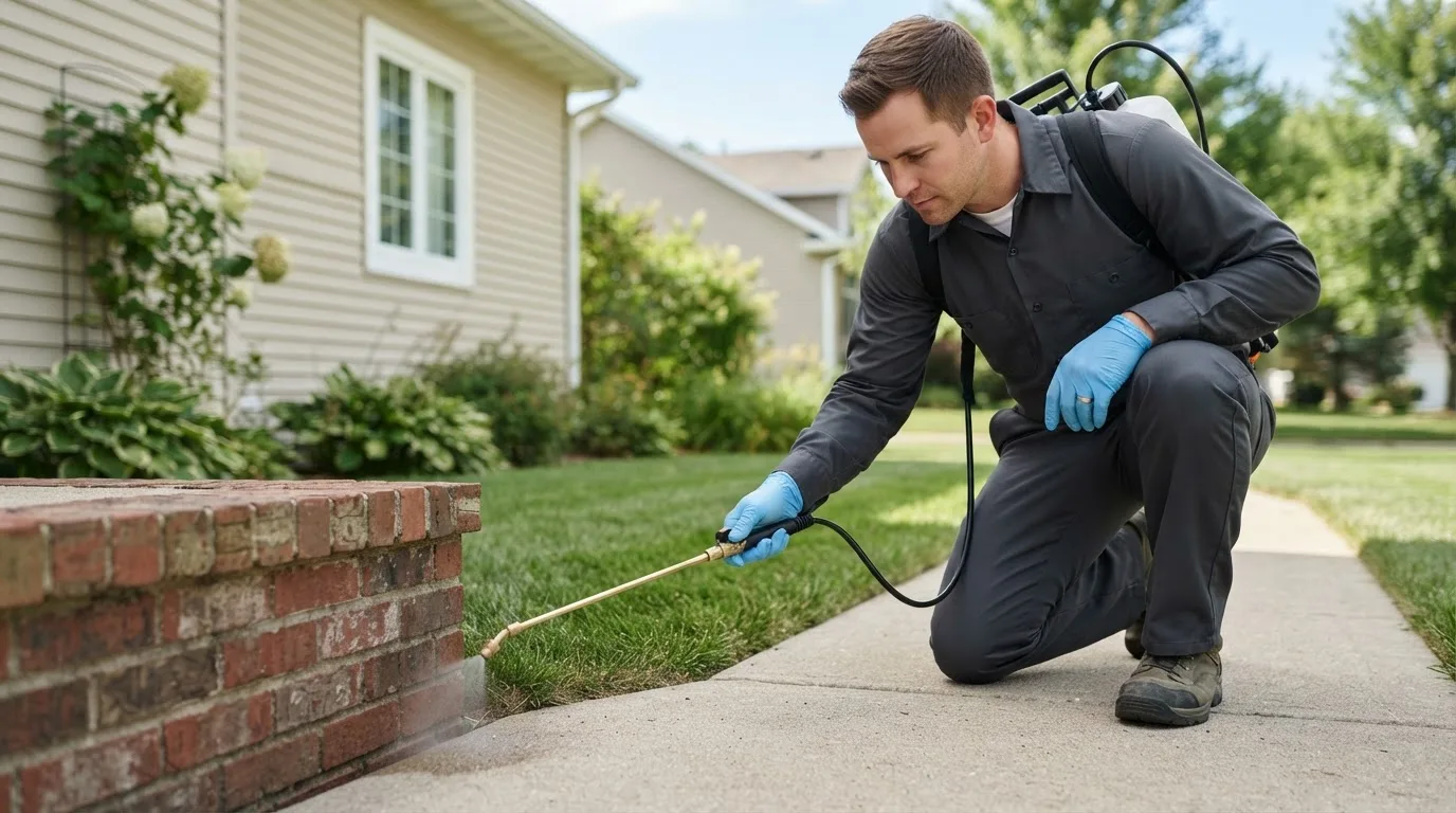 Pest control technician treating a home near Souris, ND